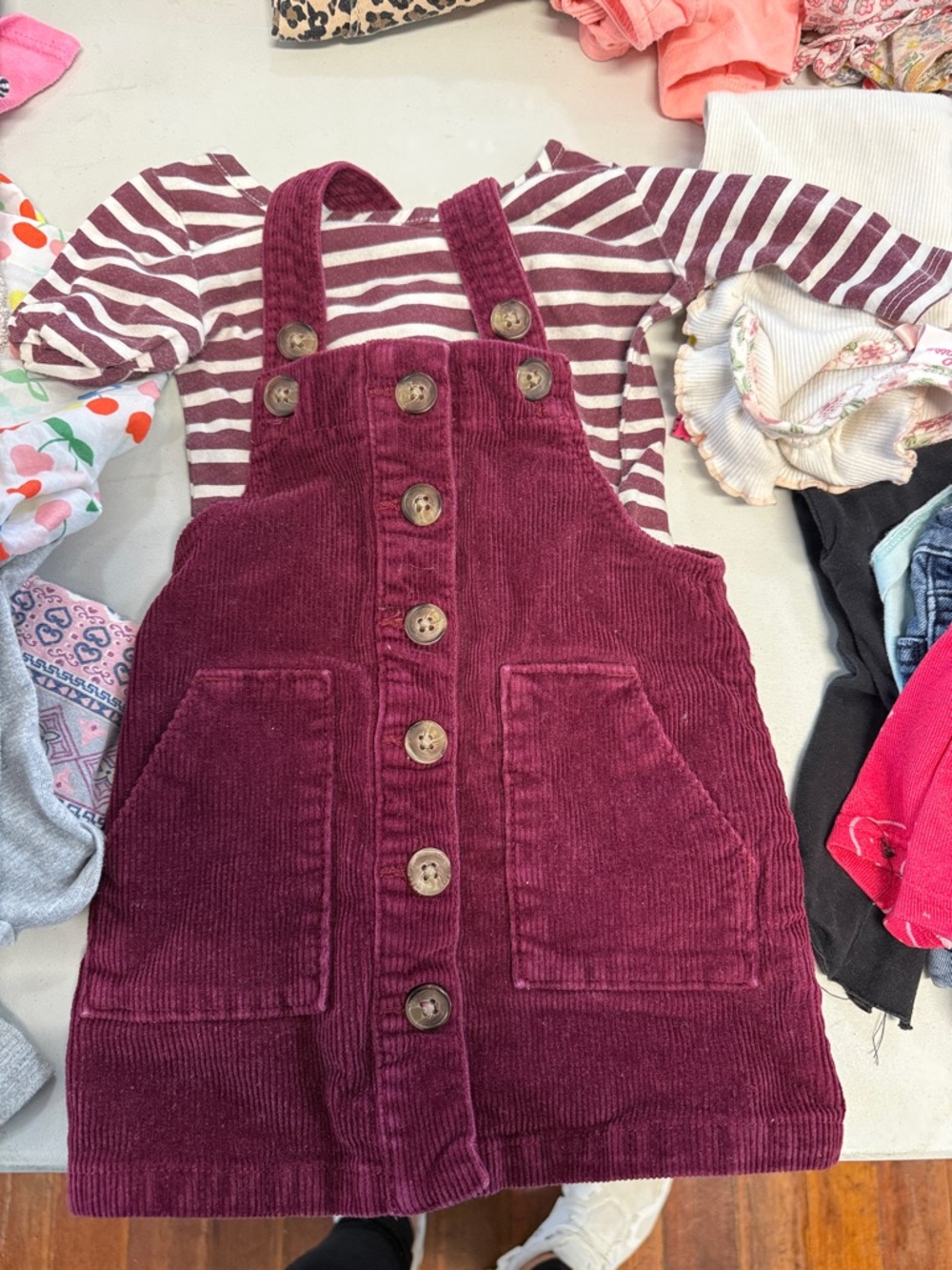 Girls' Burgundy Corduroy Button-Front Pinafore Dress